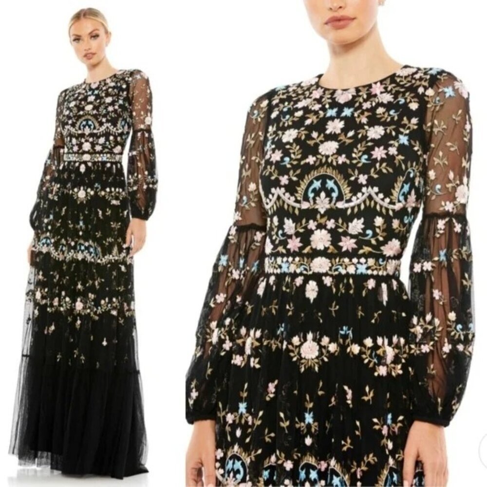MAC DUGGAL 35111 Embroidered Floral Long Sleeve Gown in Black Size 4 NEW - Picture 2 of 11